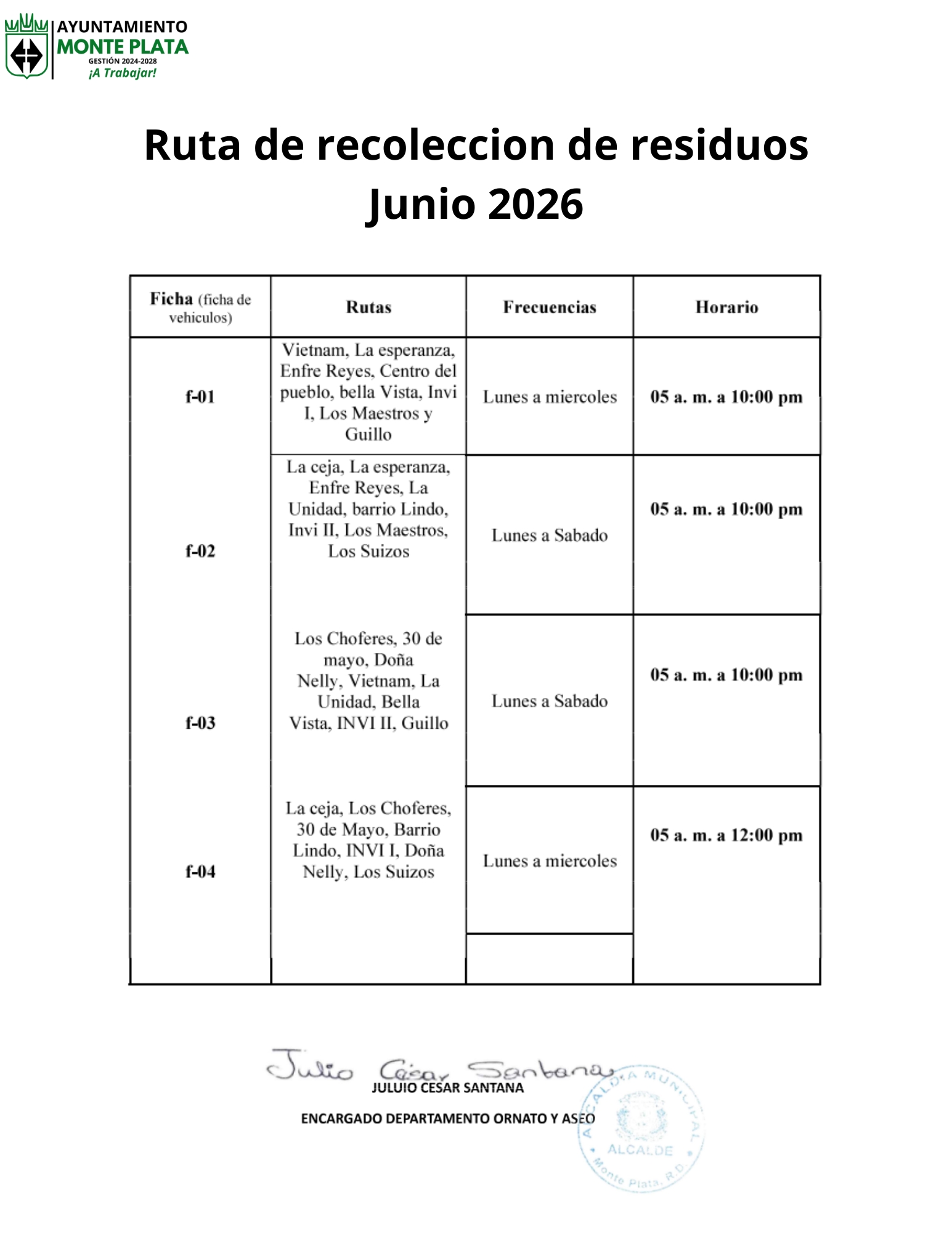 Rutas de recolección y barrido Junio 2026
