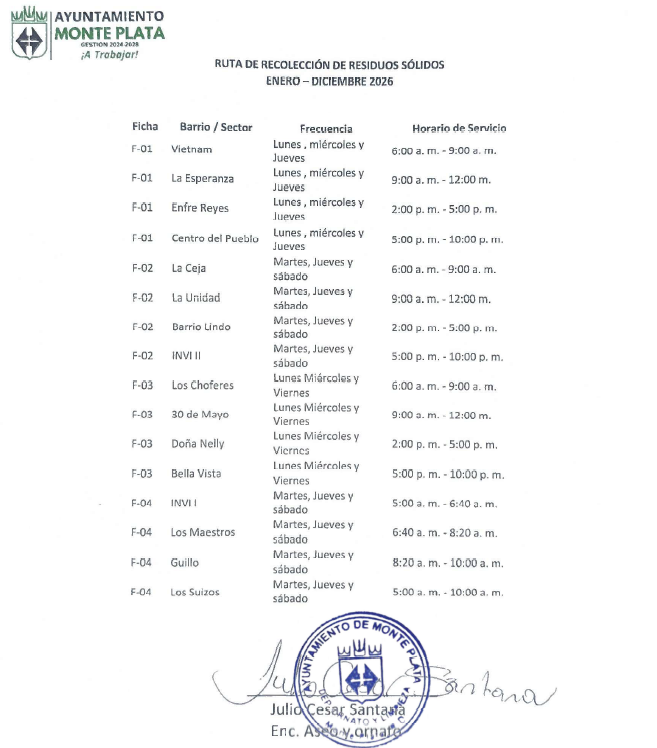 Plan de ruta recolección y barrido 2026